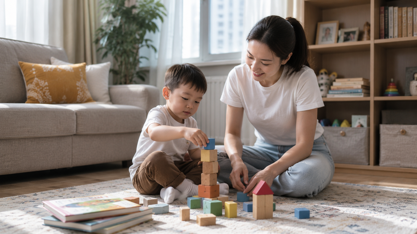Молодая няня играет с ребёнком дошкольного возраста в светлой квартире в Алматы: книги и кубики